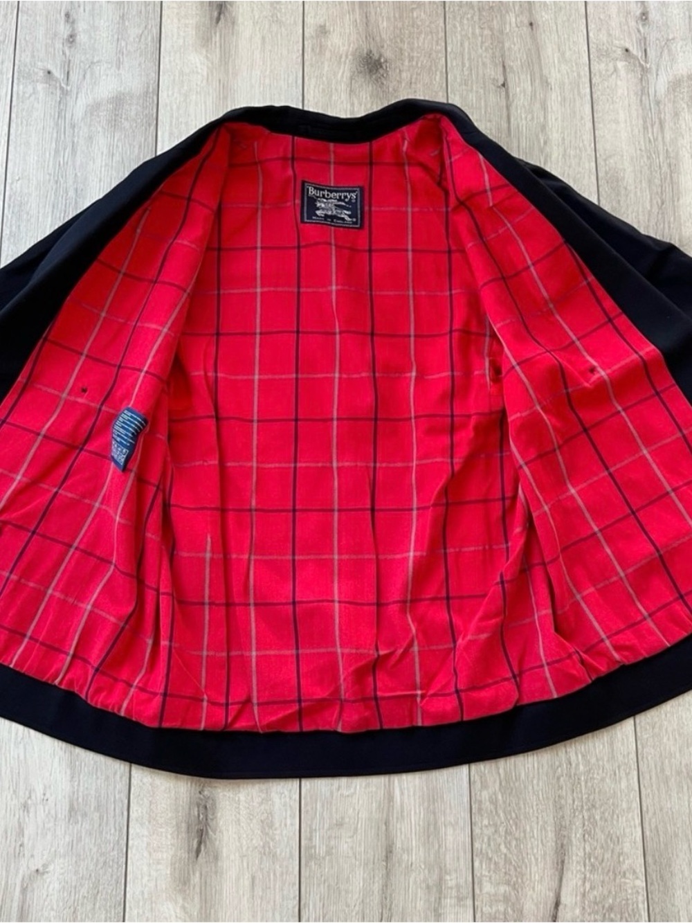 BURBERRY Black Double-Breasted Wool Blazer with Red Plaid Lining - Picture 12 of 14